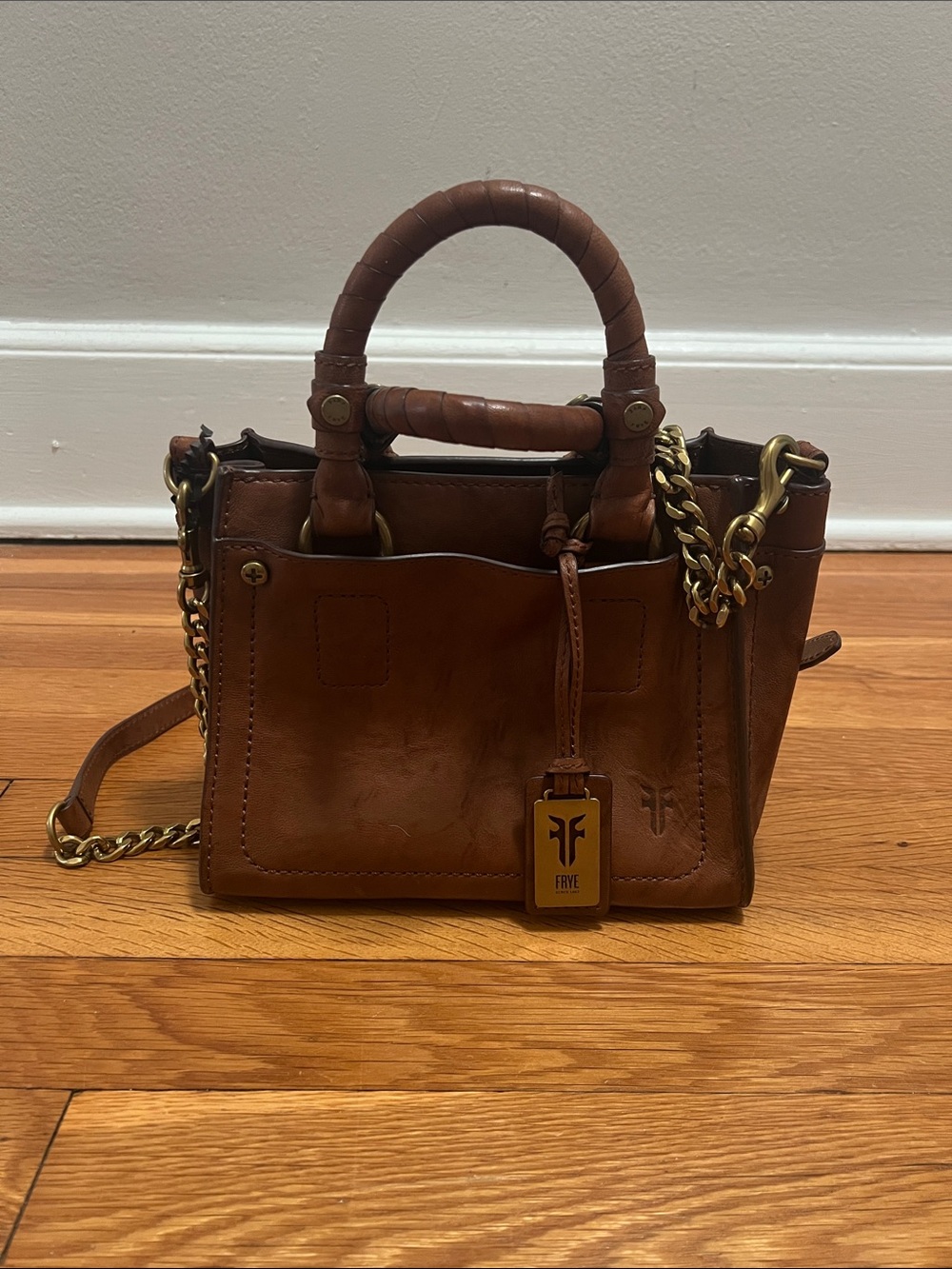 Frye Cognac Leather Mini Satchel with Gold Chain